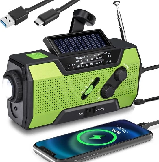 Radio di emergenza - radio solare e a batteria ricaricabile - kit di emergenza - radio portatile - radio ricaricabile - 2000mAh - verde