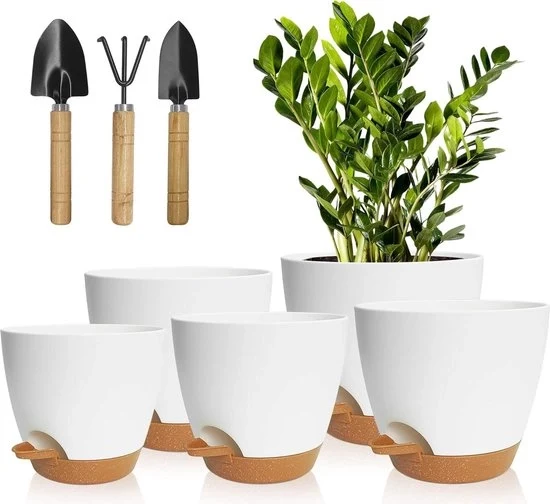 Set di vasi con sistema di irrigazione - Auto-riflessione - Plastica - Set di 5 - 178/165/152/139/127 cm - Vaso di fiori bianco