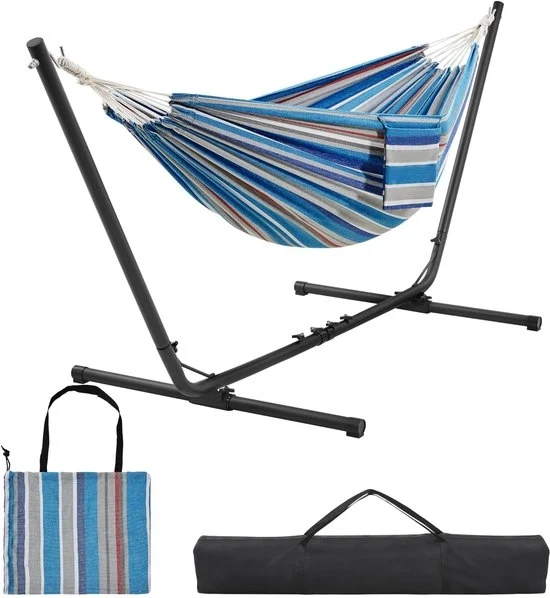 Hangmat con Struttura – Sedia a Sogliozzo Flessibile (294/304/314 cm), Peso Massimo 205 kg, per 2–3 Persone, Interno & Esterno – Strisce Blu-Rosse