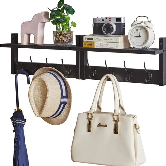 Hanger per parete con spazio di stoccaggio - Risparmio di spazio - Set da 2 - MDF e ferro battuto