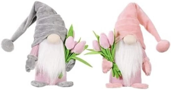 Kabouter coniugi con bouquet di tulipani, figure di elfi dolci, regalo per donne, mamme, mogli, amiche, nonne, per il matrimonio, il compleanno, il giorno della mamma, il ringraziamento, dimensioni 37 x 8 x 6 cm (rosa + grigio)