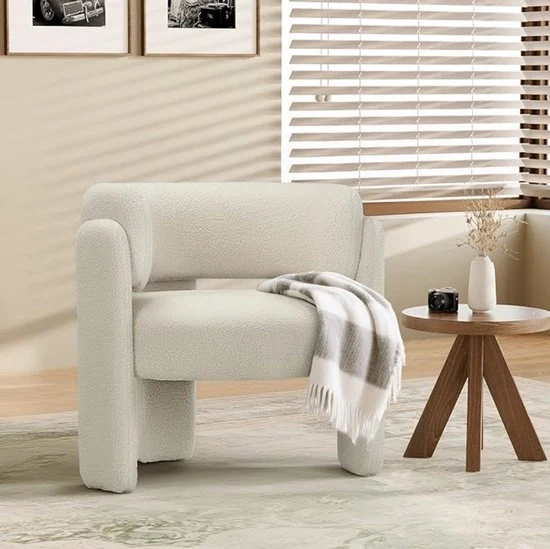 Fauteuil moderno con schienale a velo - Sedia da soggiorno e da lettura con sedile rotondo e 3 gambe - Poltrona confortevole per salotto, camera da letto o angolo - Crème