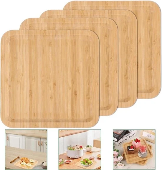 Piatto da tavola in bambù quadrato - set di 4 - 20 x 20 x 2 cm - piatto di servizio in legno per decorazione di tavola - piatto da tè per camera da letto piatto da tavola quadrato 70x70