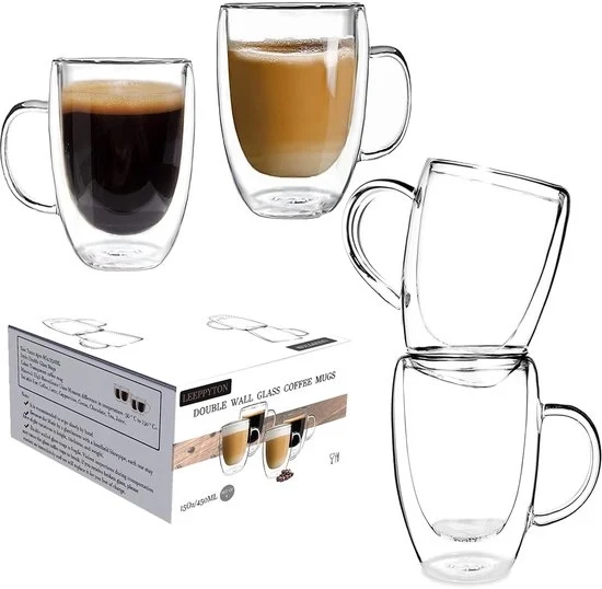 Coppette da caffè in vetro a doppia parete - termoresistente - set da 4 - 450 ml