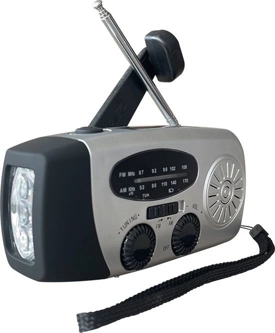 Radio a mano con LED torcia per emergenze, radio portatile AM/FM con powerbank, caricatore per telefono, caricabile via USB e solare per campeggiatori - argento