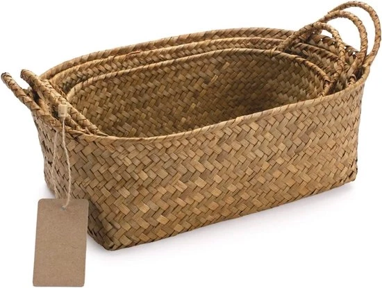Cassa di Stoccaggio con Maniglione - Cassa di Stoccaggio a Staghi Naturale Tessuto - Cassa di Stoccaggio Ovale per Organizzare - Set di 3 - Grande Medio Piccolo