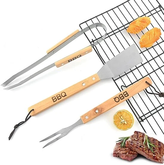 Grillset Multifunzionale - Acciaio Inossidabile e Legno - Set a 3 Pezzi