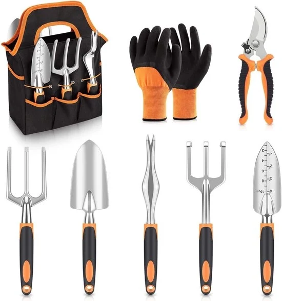 Set di attrezzi per giardinaggio, in acciaio inossidabile, set di attrezzi per giardinaggio robusto, con grip in gomma antiscivolo, borsa di stoccaggio, attrezzi per giardinaggio per esterni, ideale per doni di giardinaggio per donne e uomini