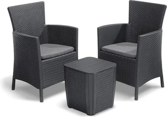 Set di balcone 3 pezzi con cuscino inclusivo, finitura grafite/ grigio freddo, con look di rattan in plastica.