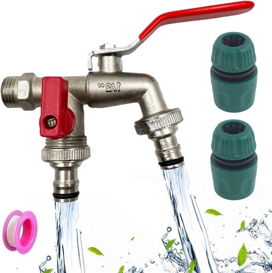 Acquedotto per il giardino - Universale 1/2 pollice - Acquedotto per giardino con doppia vite di scarico - Sistema di irrigazione e cisterna di raccolta - 2 x connessioni di tubo 1/2 pollice + 1 x nastro di sigillaggio Acquedotto esterno