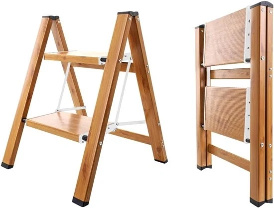 Ladder a due passi pieghevole - piattaforma in alluminio leggero - adatta per uso domestico e ufficio - bianco e finitura in legno