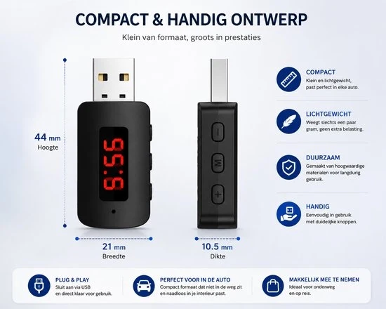 Trasmettitore Bluetooth 5.4 Auto - Ricevitore USB - Chiamata a mano - Trasmettitore FM