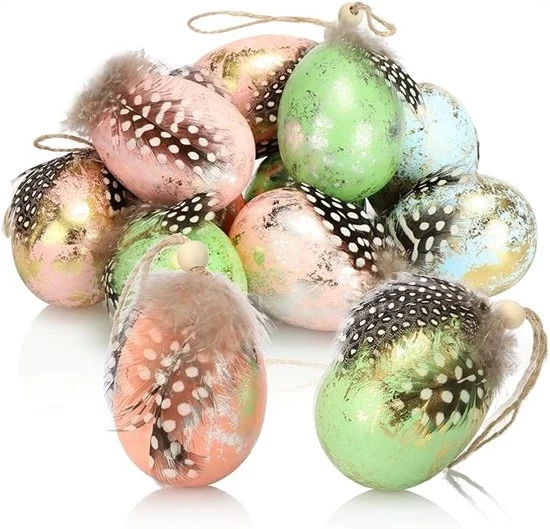 12 uova di Pasqua appese con stampa naturale – Uova decorative in design uovo di pasqua – Decorazione di Pasqua da appendere – Cappi di Pasqua per tavola di Pasqua e albero di Pasqua