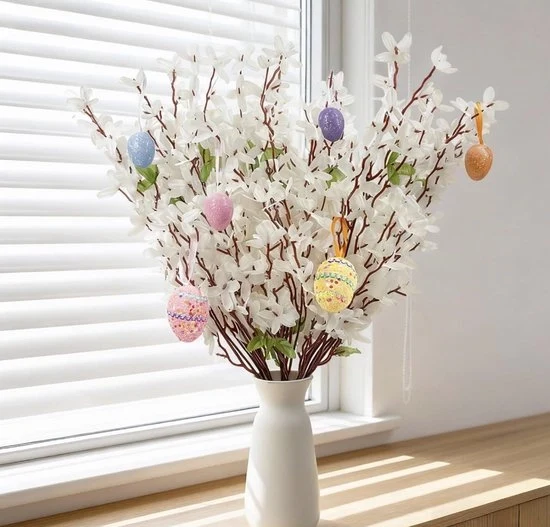 Set di decorazione pasquale da 2 rami artificiali di Forsythia con 6 uova di Pasqua – decorazione di primavera e Pasqua