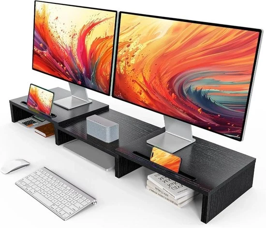 Supporto per monitor con regolazione di altezza, organizzatore in legno per PC, laptop e stampante.