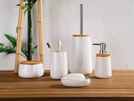Garnituur per WC in materiale di bambù grigio Dolomiet con maniglia in acciaio inossidabile e contenitore per pennelli in posizione verticale senza fori.