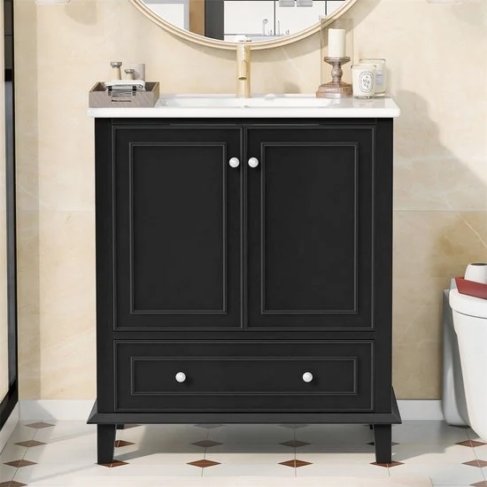 Cassettiera da bagno - Bianca - 73x46x87cm - Lavabo in ceramica - Cassettiera laterale