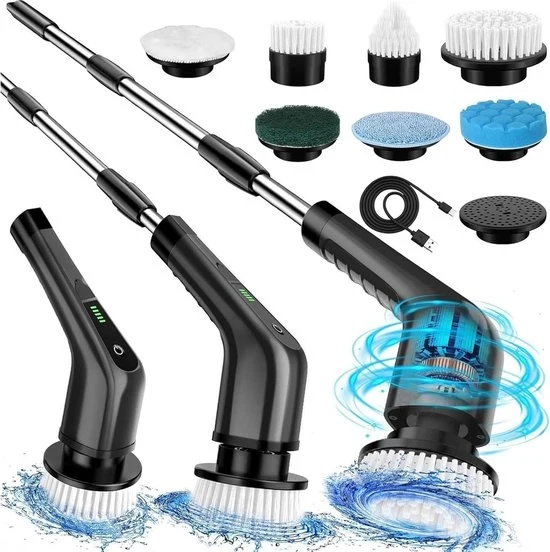 Pulitore elettrico rotazionale per bagno - set di 7 testine intercambiabili - estensione regolabile e 2 velocità - pulizia pavimento cucina vasca auto (nero) Spazzola per vasca da bagno telescopica