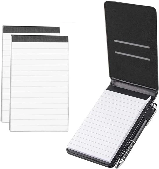Blocchetto compatto con penna - 3 pezzi - nero - PU-carta - A7
