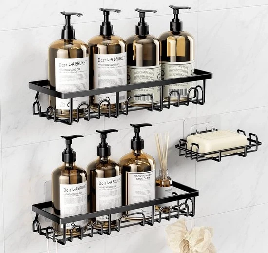 Set di 3 piastre in acciaio inossidabile per doccia senza fori – Organizzatore per la camera da bagno con contenitori per sapone e spazzolino da denti – Asciugacapelli per doccia rapido