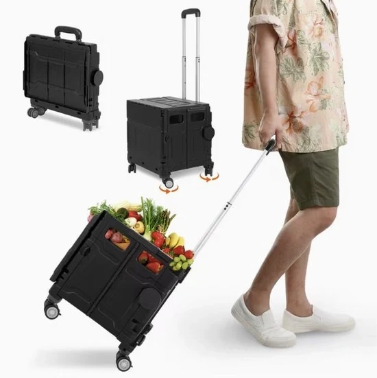 Carrello di trasporto pieghevole con 4 ruote a sterzo - Carrello per spese pesante con maniglia estensibile - Manubrio pieghevole per la ruota per viaggi, lavoro e spese