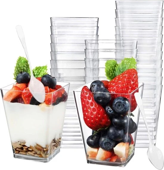 50 bicchieri dessert in plastica riciclabili - 160 ml - con cucchiai - mousse e budino - festa - set da 50