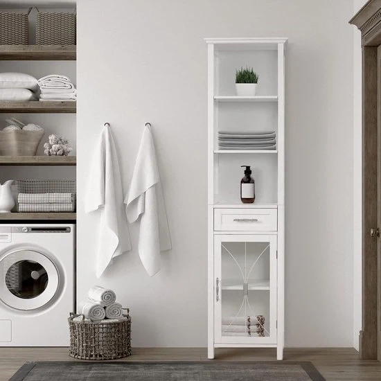 Cassettiere per bagno alta - Mobili per bagno in legno con lavello e 3 ripiani - Cassettiera per bagno alta in legno bianca Specifiche tecniche: - Modello: - Materiale: Legno - Colore: Bianco - Caratteristiche: Con lavello e 3 ripiani