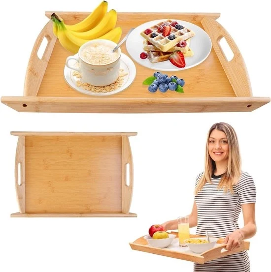 Piatto di servizio in legno - Piatto di servizio in bambù con maniglie - Piatto di servizio rettangolare per la cucina - Servizio da tè e colazione - Tavola da salotto per colazione e tè decorativa - Dimensioni 44 x 30 x 3 cm
