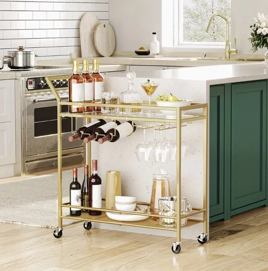 Barwagen per Casa – Treppiede da Cucina con Scaffale per Vino e Vetrino, Carrello da Servire con Handrail di Sicurezza