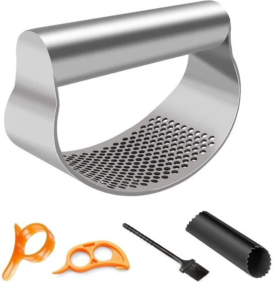 Molinello a mano per aglio - acciaio inossidabile - molinello a mano per aglio con guanto - con silicone - schiaccia aglio - spazzola per pulizia - schiaccia agrumi aglio