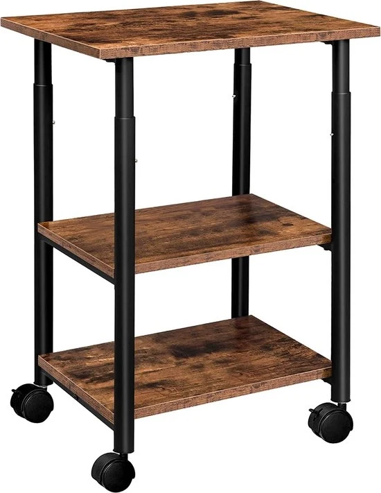 Tavolo da stampante con ruote bloccabili - Stazione di stampa - Carrello di stampa Ripiegabile con 3 livelli - Regolabile in altezza - 48,5 x 40 x 67 cm - per ufficio - marrone scuro/nero