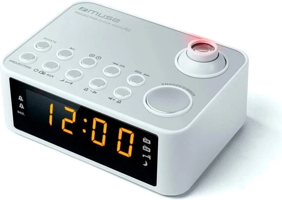 Alarme con proiezione oraria bianco - alarme con radio e proiezione Modello: RWE 1234 Specifica: 5 stadi di allarme, funzione di silenzio, proiezione oraria, radio FM, batteria inclusa