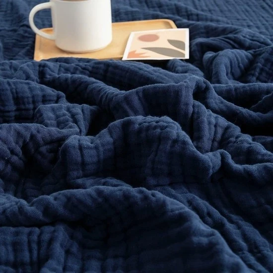 Deken di piuma morbida - plaid respirante - 1 pezzo - blu marino - 100% cotone - 140 x 190 cm