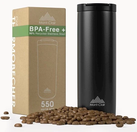 Bicchiere termico 550 ml – Acciaio inossidabile 316 – Bicchiere di caffè impermeabile con coperchio, maniglione e beccuccio – Isolamento a doppia parete a vuoto – Nero opaco