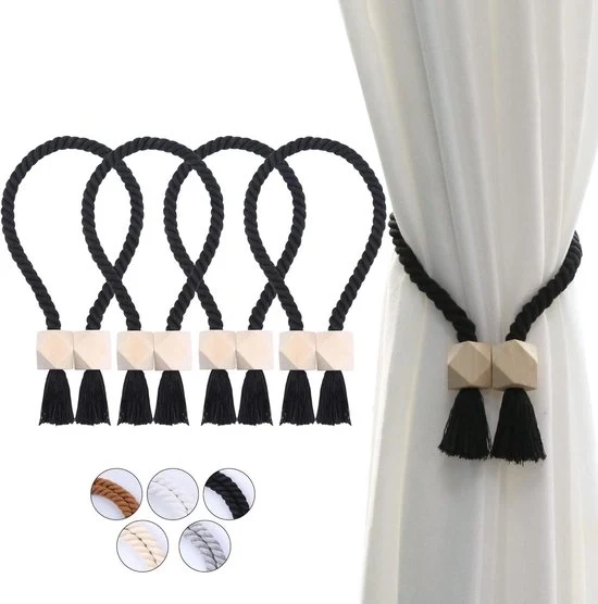 Magnetici cordoni per tende in cotone tessuto a mano - 4 pezzi - nero - robusti
