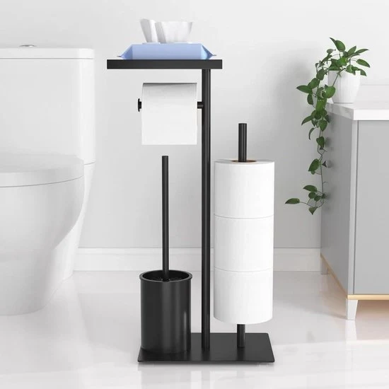 Supporto per carta igienica in acciaio inossidabile a stantuffo con spazzolino per il water - multifunzionale - nero opaco