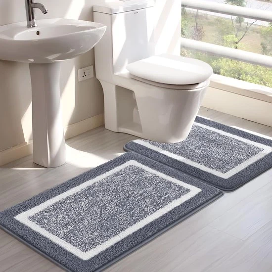 Pavimento Antiscivolo in Microfibra Shaggy per Bagno - 2 Pezzi - Grigio Scuro - 50x80 cm & 50x60 cm
