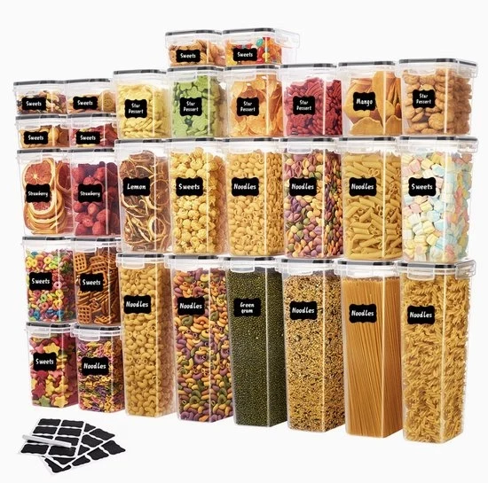 Set di contenitori per alimenti a 60 pezzi con coperchi – Contenitori a chiusura ermetica per la conservazione alimentare – Inclusi 30 contenitori + 30 coperchi – Con etichette e pennarelli – Ideale per riso, pasta, cereali, noci e chicchi di caff