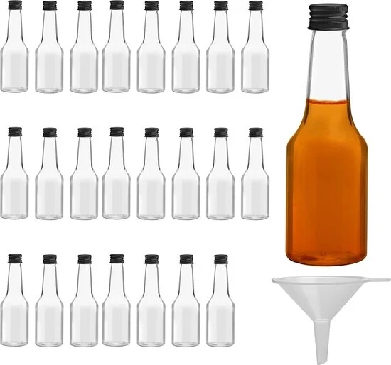 Mini Flaconi da Cocktail (24pz) - Flaconi in Plastica 100 ml Vuoti con Tappo a Viti Nera e Canaletto per Liquido per Servire e Riempire con Facilità - Mini Flaconi per Matrimoni e Feste