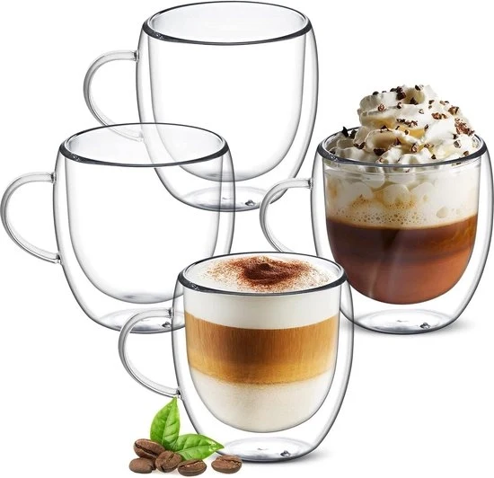 Set di 4 Tazze a Doppio Strato in Vetro con Maniglia, 250ML - Tazza in Vetro Chiara per Cappuccino - Tazze Isolanti per Bere - Tazze per Tè - Resistenti al Calore - Sicure al Lavarani