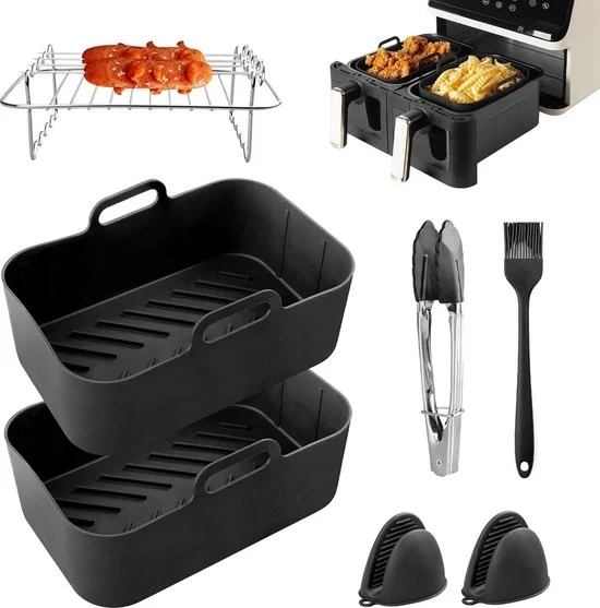 Set di 6 copri vetro in silicone per air fryer compatibile con Ninja, Salter e Tower - Accessori per air fryer con doppio utilizzo, contenente rete, cucchiaio e guanti in silicone