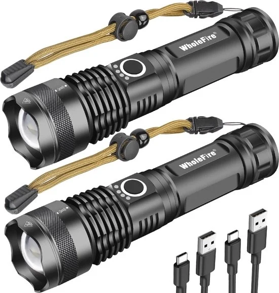 Lanterna LED Portatile 90000 Lumen XHP70 Zoom Impermeabile Indicatore di Potenza 5 Modalità Illuminazione Esterna di Emergenza - Batteria Inclusa 2 Pack