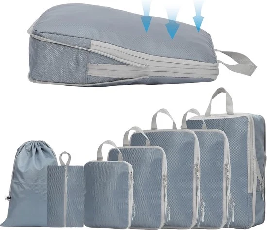 Set di contenitori di compressione - Borse da stivaggio - Organizzatore di valigia - 7 pezzi - Blu/grigio