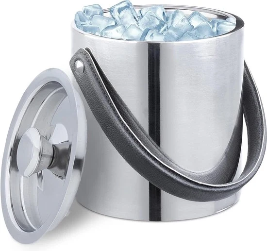 Isciatore doppio strato in acciaio inox con coperchio e catena - 15 litri - argento - iscrivitore metallico di cubetti di ghiaccio di lusso