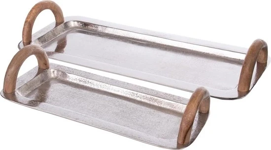 Servizio da tavola con maniglie in legno, set da 2 piatti rettangolari in alluminio decorati con legno, piatti decorativi da tavola, piatti da servizio in alluminio decorati con legno, 40x20cm, 55x23cm, servizio da tavola quadrato 70x70cm.
