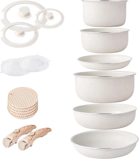 Set di pentole inductive con rivestimento antiaffondamento - Spazio risparmiato - Set da 5 pezzi - Pietra granito
