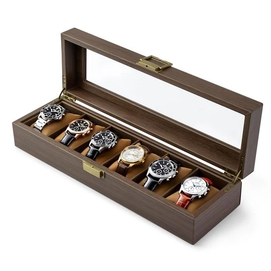 Organizzatore orologio in legno con coperchio in vetro - 5 contenitori