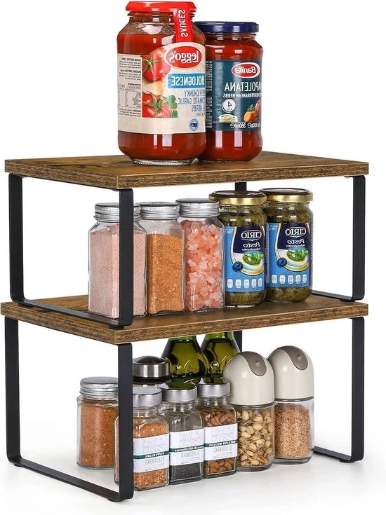 Scaffale a pile per erbe in metallo e MDF - organizzatore per cucina espandibile per armadi cucina - nero, set da 2 ripiani per caffè