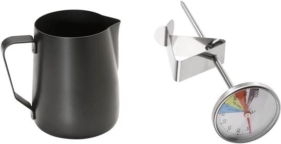 Set per Barista - Ciotole per Latte e Termometro - 2 pezzi - Nero - Acciaio Inossidabile