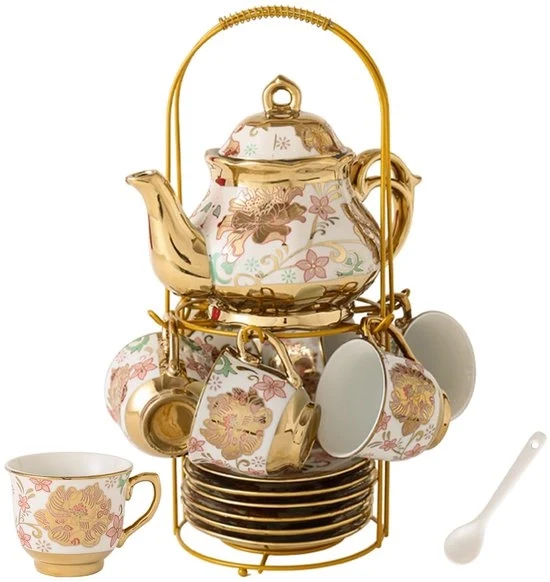 Servizio da tè in ceramica dorata - stile vintage - per 6 persone - rosa